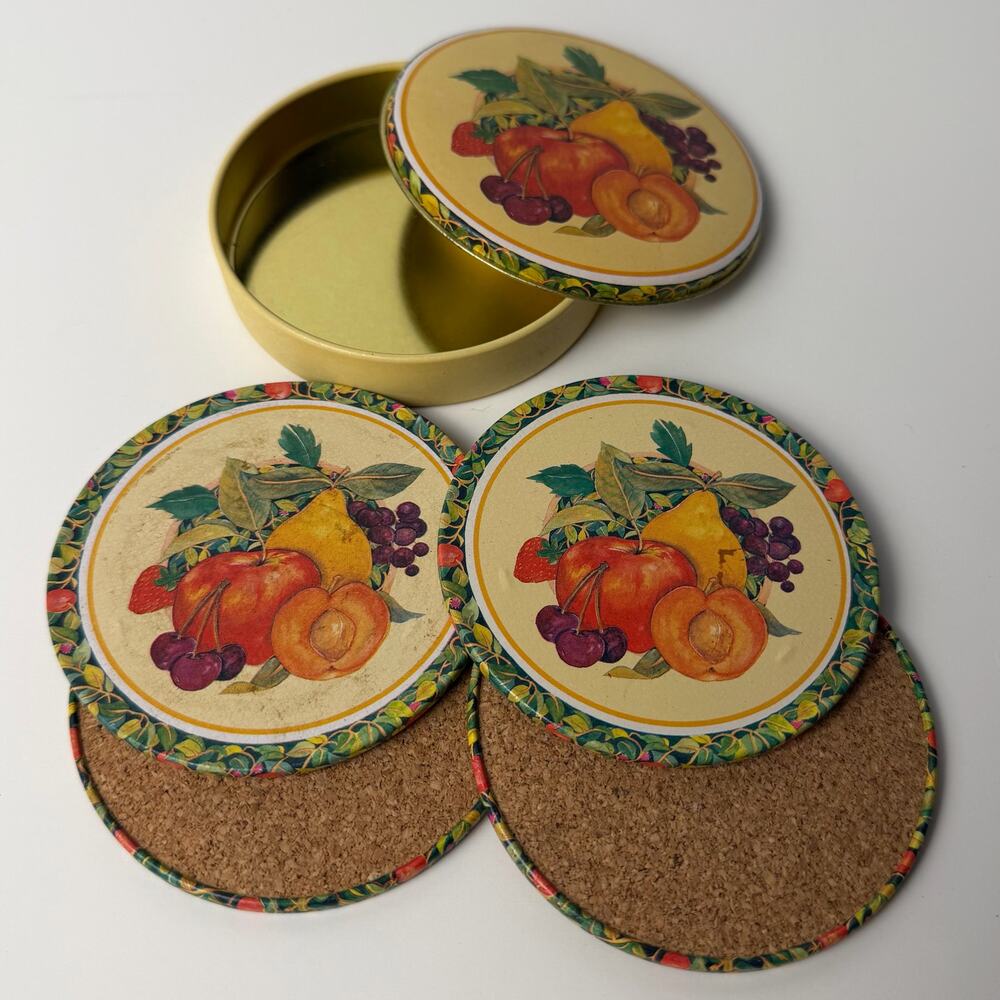 VTG Fruit Coaster Set w Tin Cork Back Cottagecore Farmhouse Retro Kitchen‎ Decor